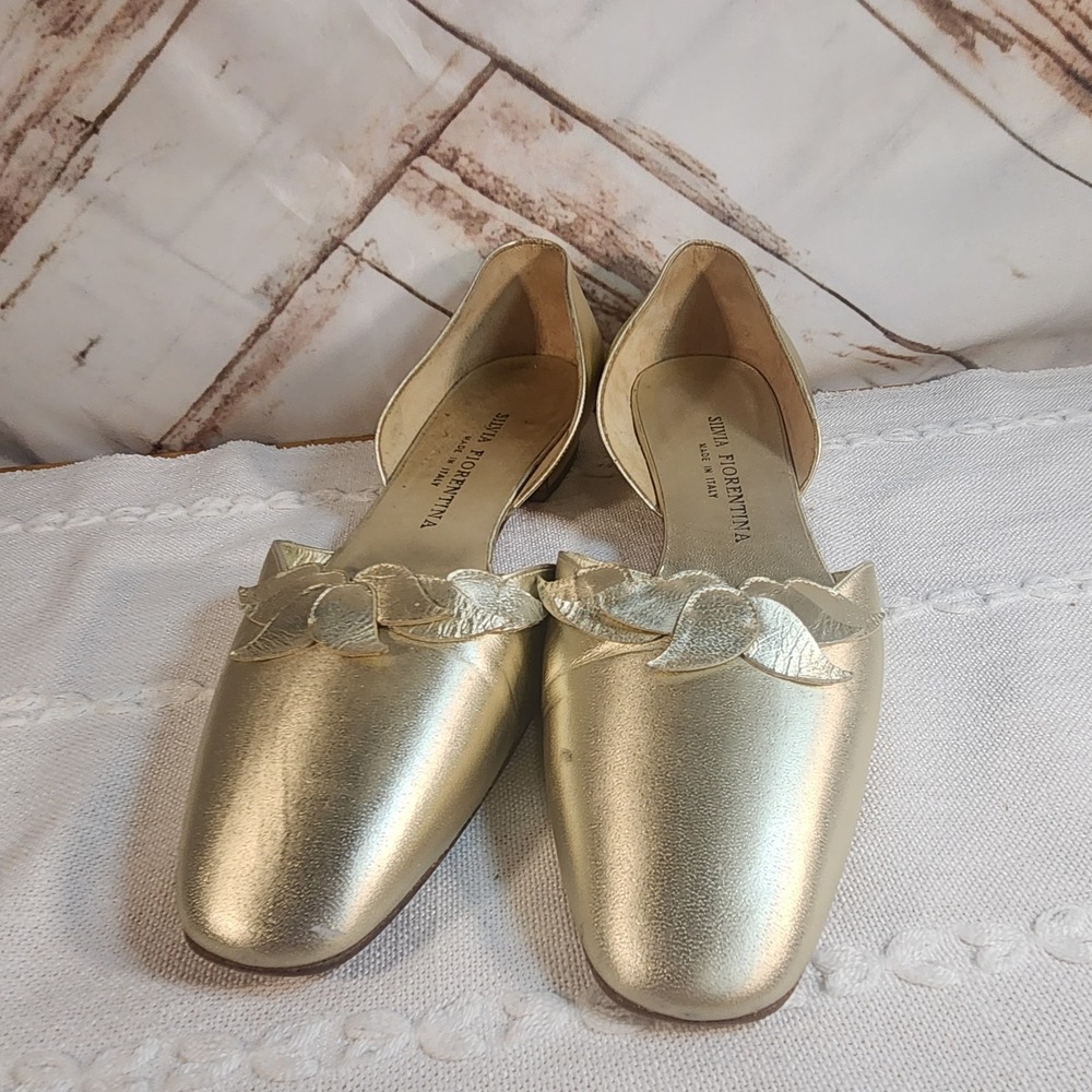 Silvia Fiorentina Gold Leather D'Orsay Flats Shoes Made In Italy Women's Size 8